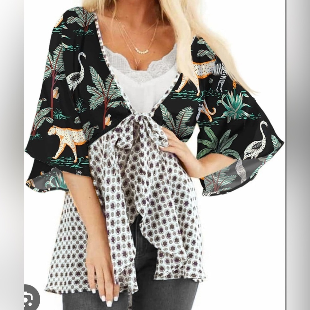 Mixed Print Safari Jungle & Geometric Kimono Cover Up NWOT